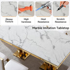7 Piece Marble Dining Table Set for 6, Luxury Gold Kitchen Table and Chairs Set of 6, 68" White Marble Pedestal Dining Room Table with 6 PU Leather Chairs for Kitchen Dinette Furniture