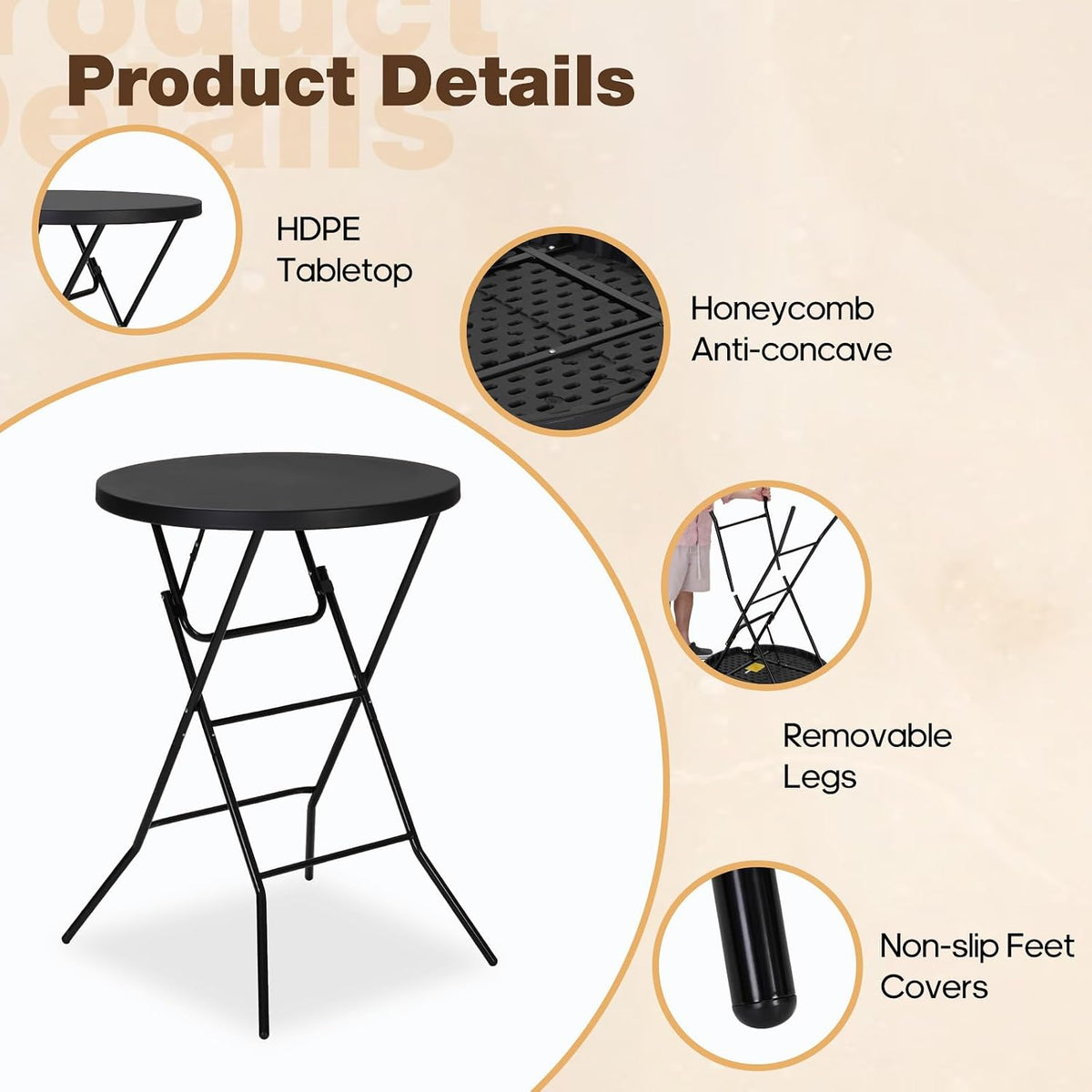 32" Round Folding Table, Portable Bar Height Folding Table with Detachable Legs, Round Foldable Table with HDPE Top for Standing Parties, Balcony, Event, Indoor Outdoor Use (Black, 2 Pack)