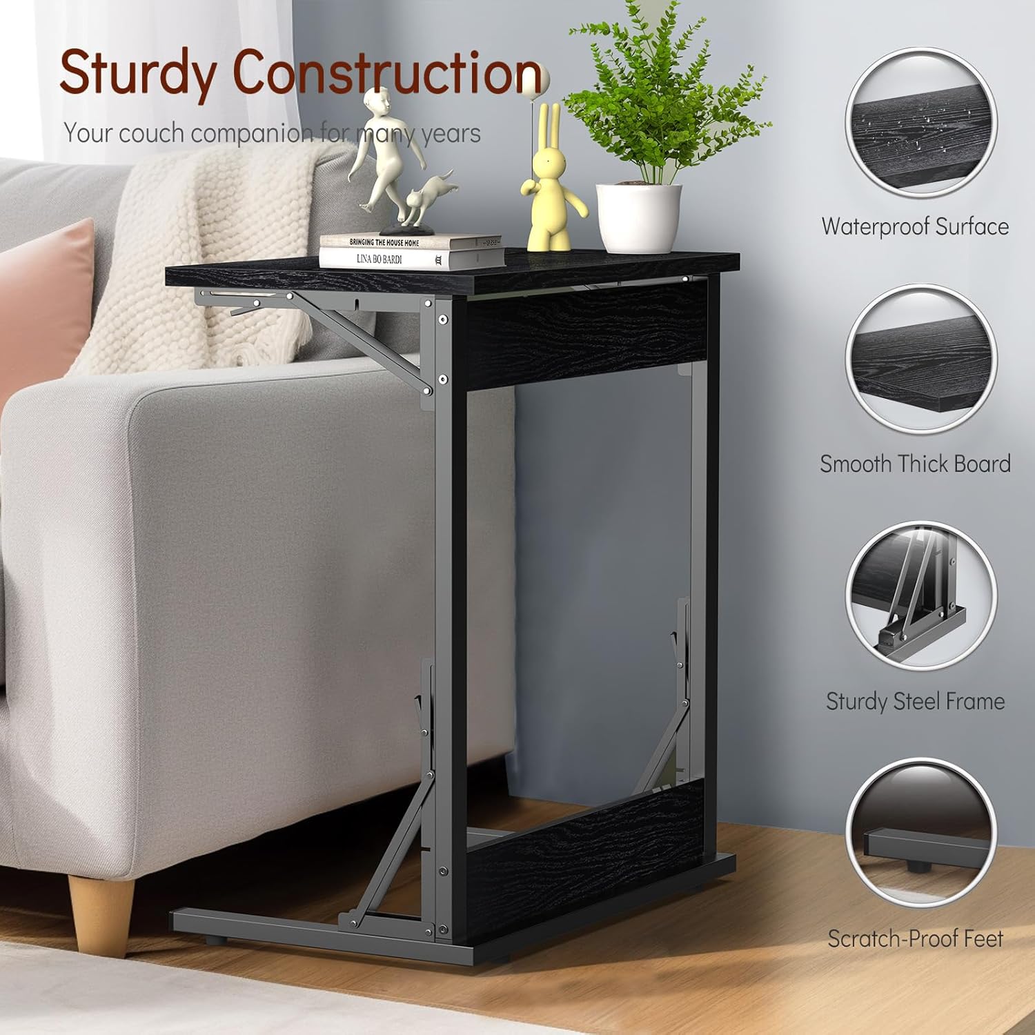 Tatub 24" TV Tray Table Set of 4, Folding C Shaped End Table, Small Sofa Side Laptop Desk for Living Room, Bedroom, Black