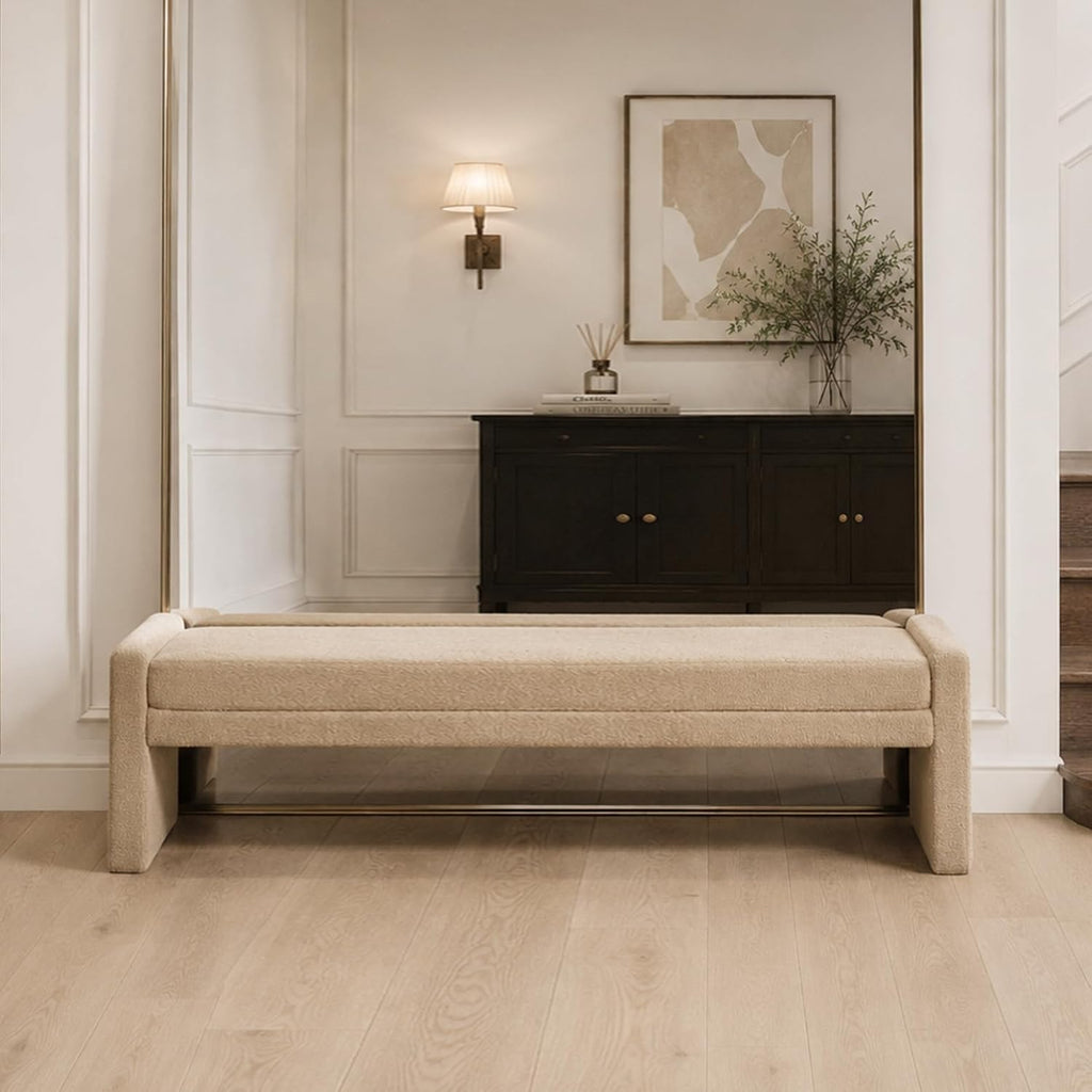 Shoe Bench for Entryway, 66.9''W Modern Boucle King Size End of Bed Bench for Bedroom, Cloakroom, Window, Wheat.