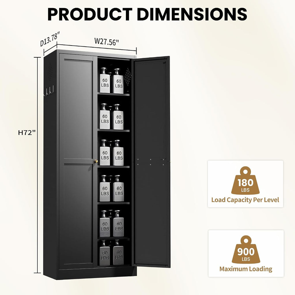 Kitchen Pantry Cabinet, 72" Tall Black Metal Storage Cabinet, Kitchen Storage with 2 Doors and 5 Adjustable Shelves, Freestanding Cupboard for Living, Dining Room and Bathroom,Assemble Required