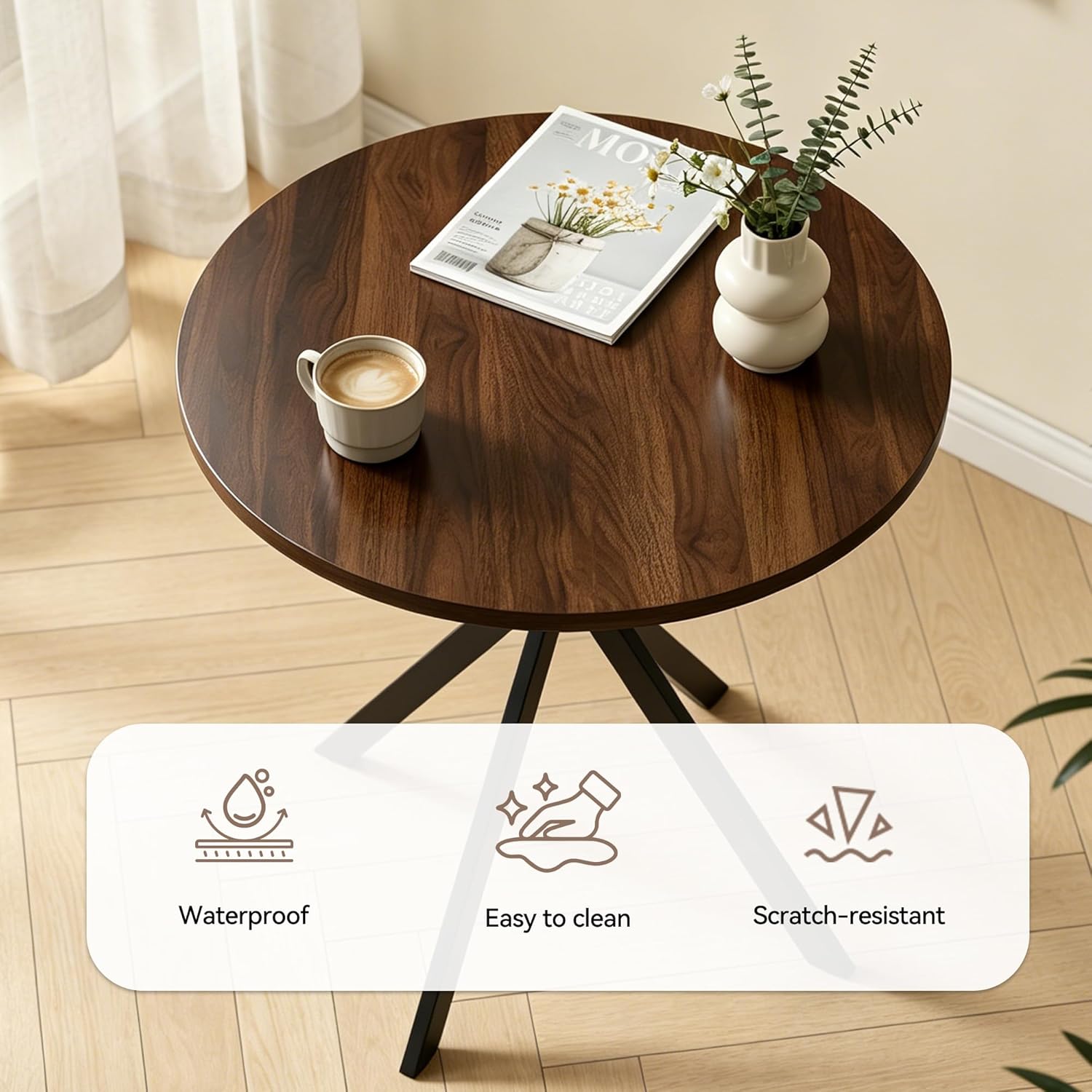 31.5" Round Dining Table and Chairs Set for 2, Small Dining Table Chairs Set Space-Saving, Small Dinette Sets for 2 for Kitchen Dining Room Apartment(Walnut Table + Brown Chairs)