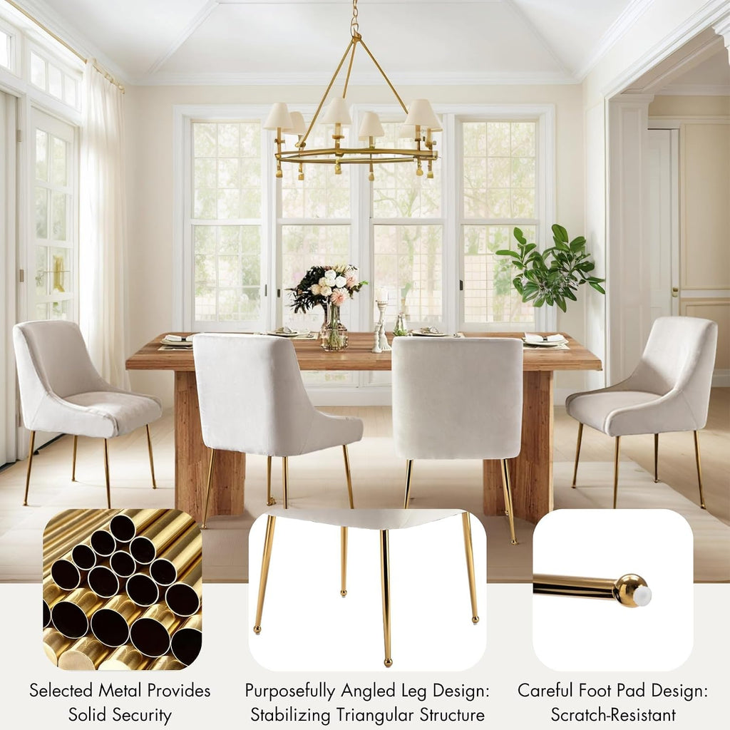 Hyfirm Modern White Dining Room Chairs Set of 2, Upholstered Velvet Dining Chair with Gold Metal Legs Accent Side Chairs for Living Room Kitchen