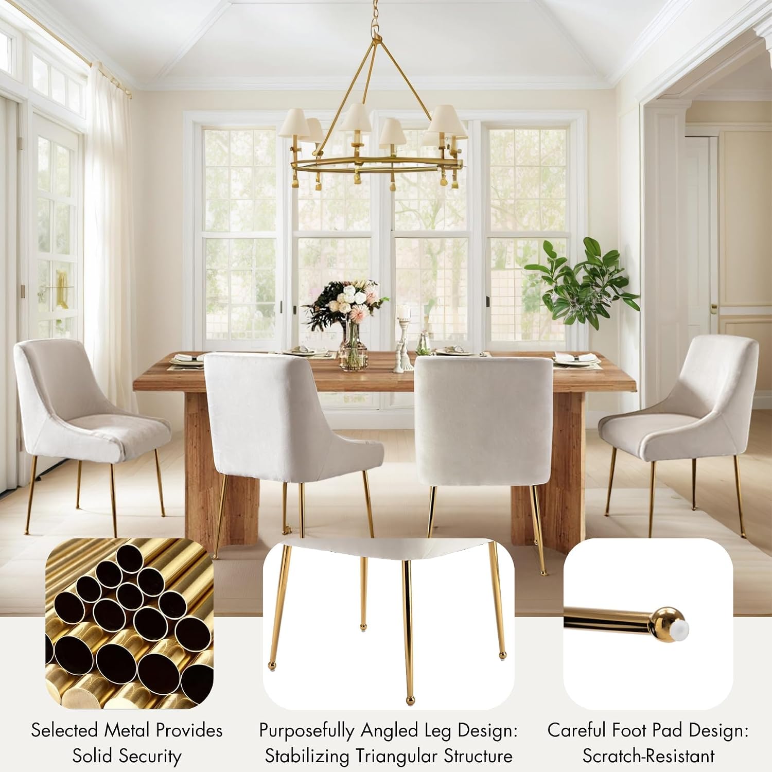 Hyfirm Modern White Dining Room Chairs Set of 2, Upholstered Velvet Dining Chair with Gold Metal Legs Accent Side Chairs for Living Room Kitchen