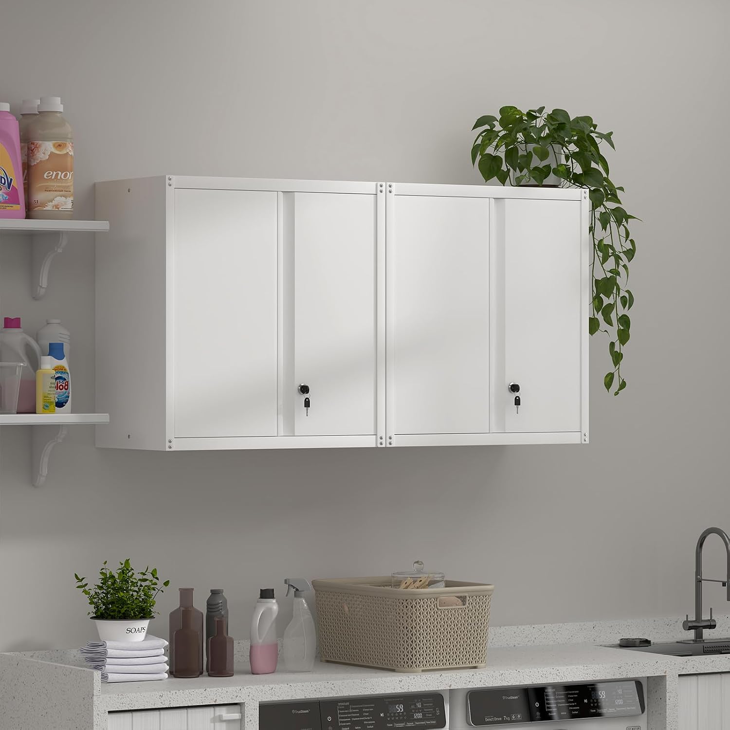 IRONFFICE Wall Cabinet,Metal Wall Cabinet for Garage with Lock,Metal Locking Storage Cabinet with Adjustable Shelf for Kitchen,Home Office,White