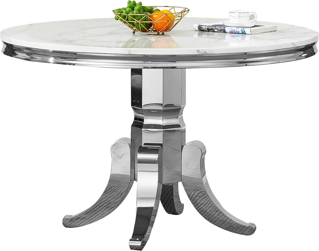 5-Piece White Marble Round Dining Table Set for 4, Modern Faux Marble Kitchen Table Set for 4 with Grey Tufted Chair,Circle White Silver Dinner Tables with American-Style Pedestal Base