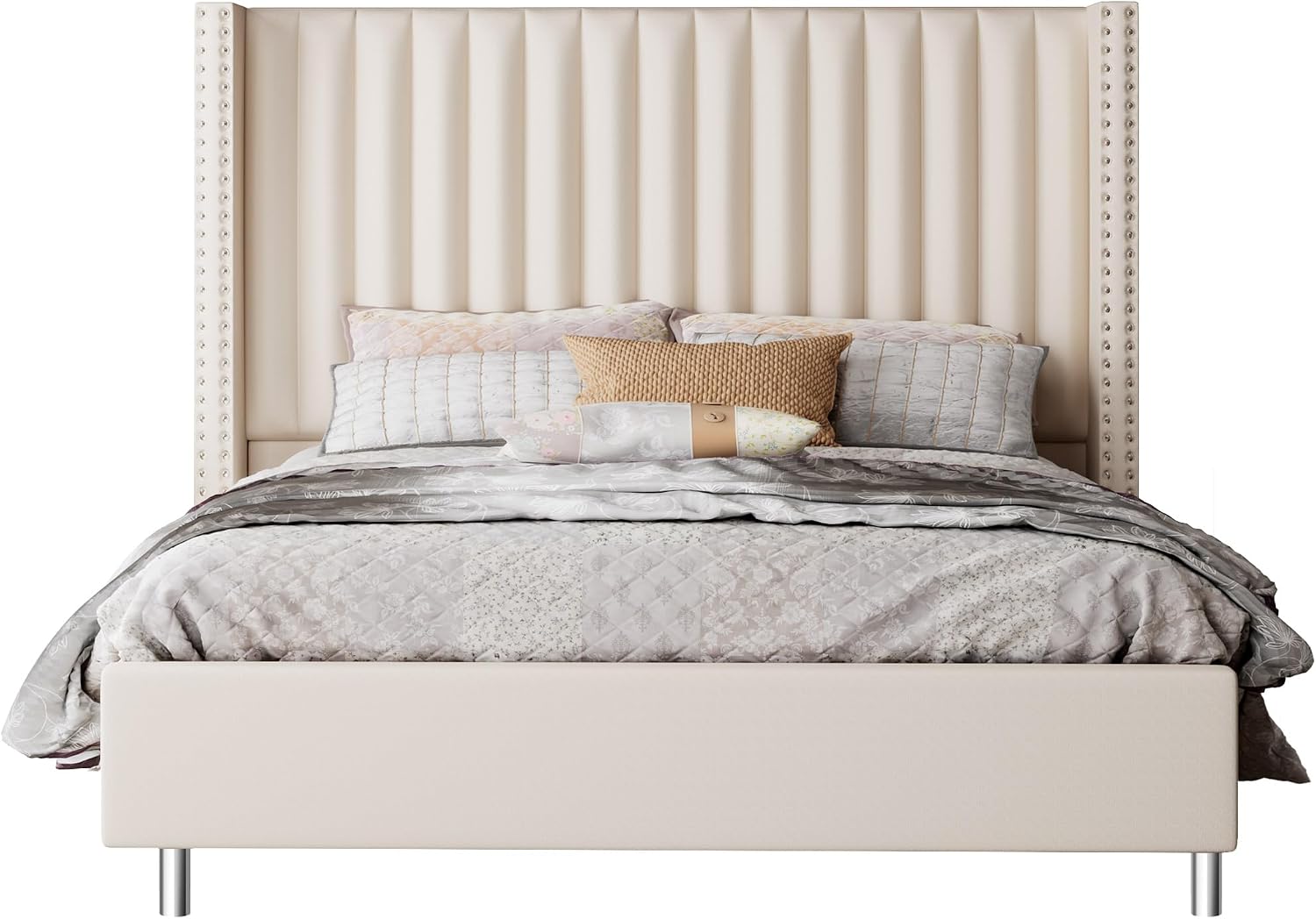 Jocisland Queen Size Bed Frame Velvet Upholstered Wingback Headboard, Cream