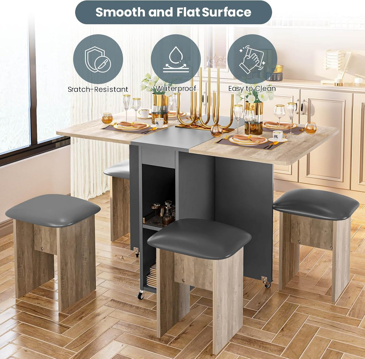 furlinkhm Folding Dining Table Set for 4, Dinner Table with 4 Leather Chairs and Shelves, Space Saving Foldable Dining Table with 6 Wheels, Kitchen Table for Small Spaces (Grey)
