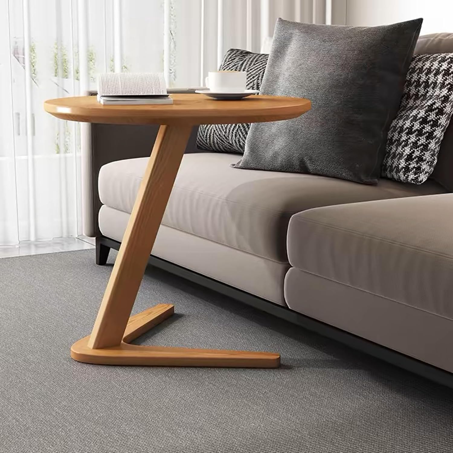 YUNMUARY-C-Shaped Side Table Round Side Tables for Couch Space-Saving Sofa Table Slide Under Couch for TV Dinner Laptop Side Over Solid Wood End Table for Living Room Modern Nightstand (Light Brown)