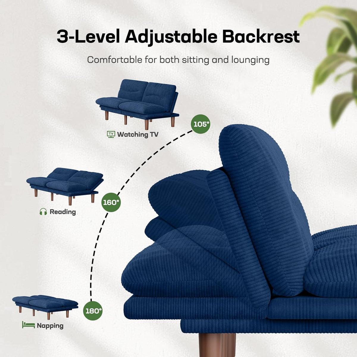 Marsail 66.02" Futon Sofa Bed, Convertible Corduroy Futon Couch with Adjustable Backrest & Armrests, Small Sleeper Sofa Loveseat for Living Room, Apartment, Blue