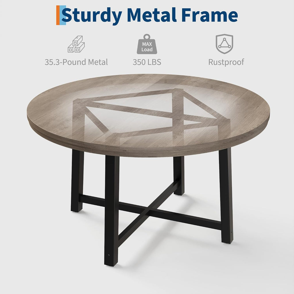 GarveeHome 47 in Round Dining Table, Industrial Dinner Table for 4 to 6, Wooden Kitchen Table with Sturdy Metal Frame & Rustic Gray Finish, Circle Kitchen Table for Dining Room, Kitchen （No Chairs）