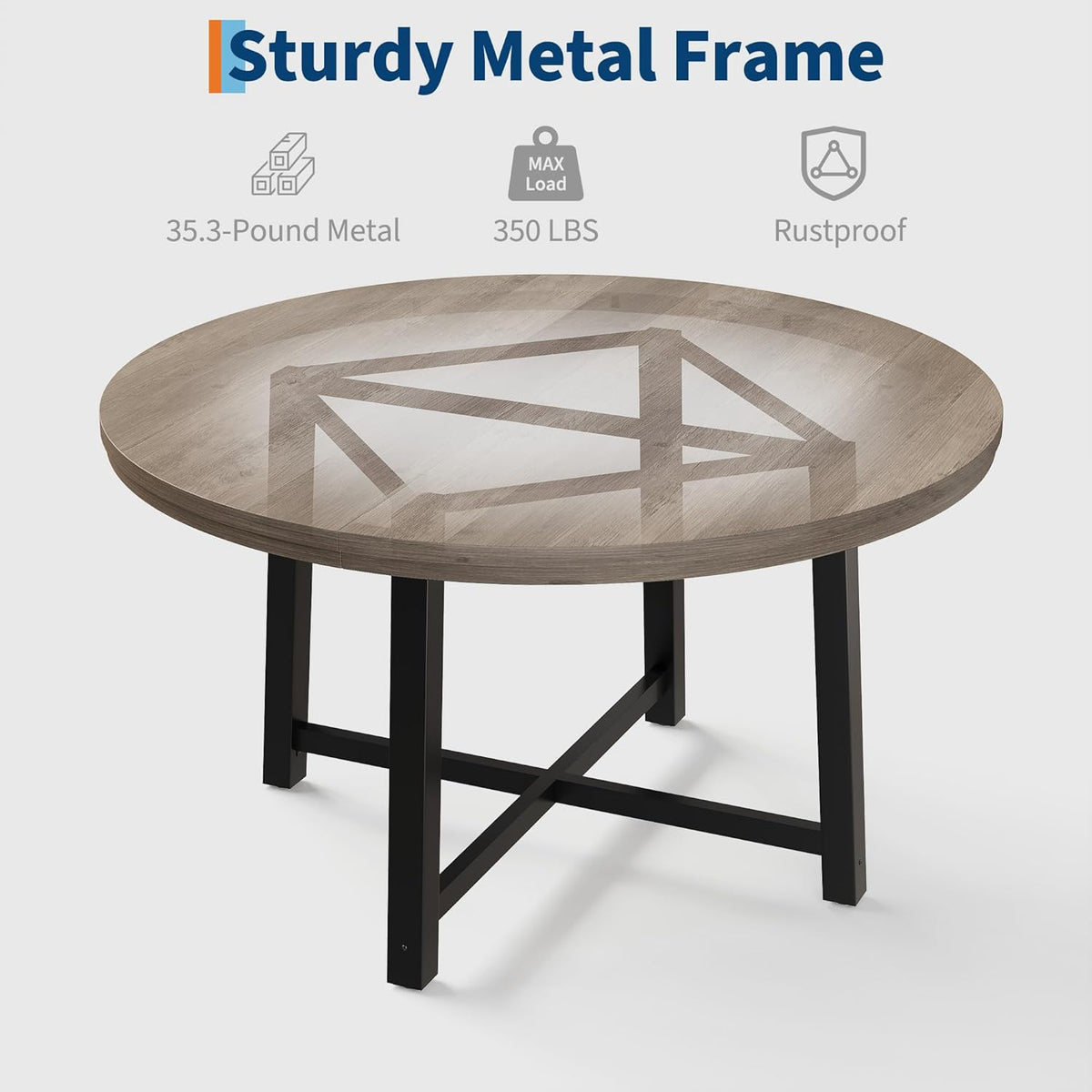 GarveeHome 47 in Round Dining Table, Industrial Dinner Table for 4 to 6, Wooden Kitchen Table with Sturdy Metal Frame & Rustic Gray Finish, Circle Kitchen Table for Dining Room, Kitchen （No Chairs）