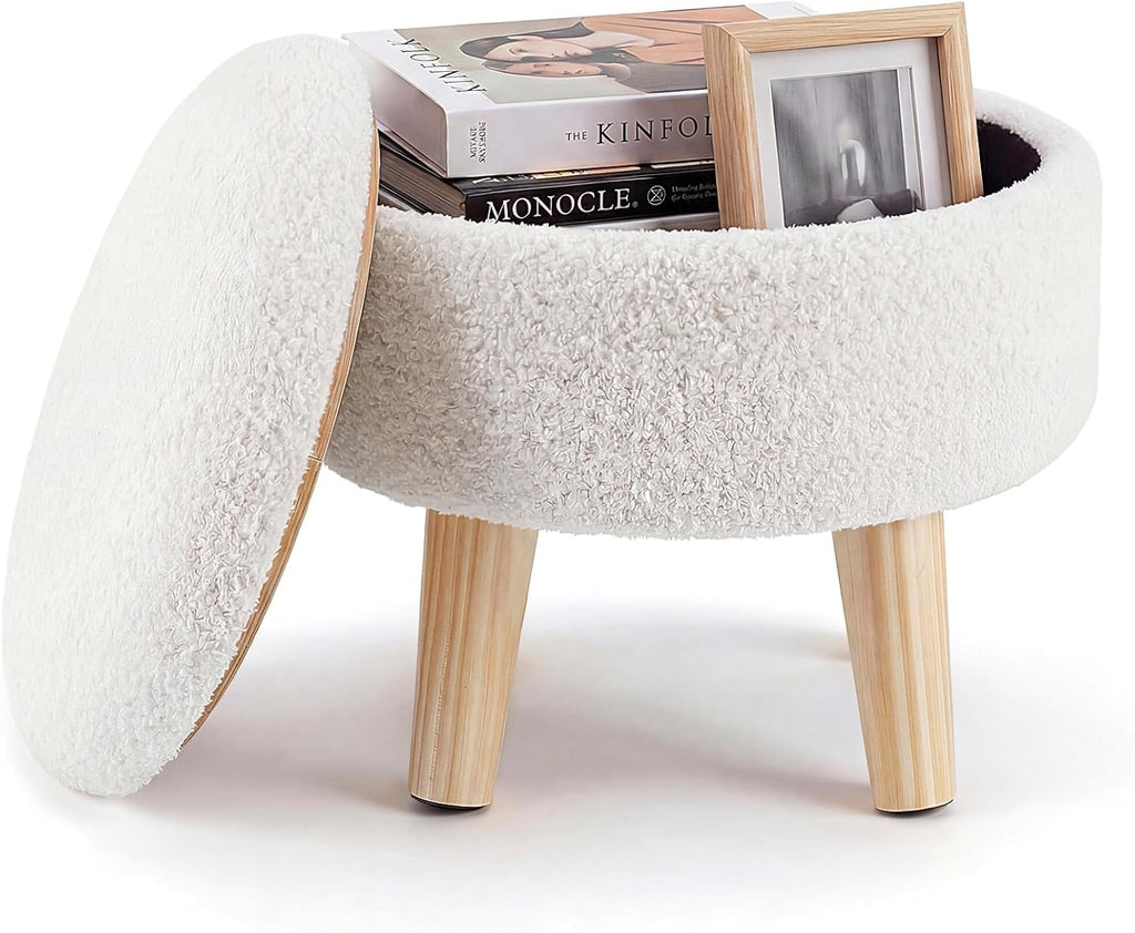 DUMOS Round Storage Ottoman Foot Rest, Compact Boucle Upholstered Footstool with Hidden Storage, Padded Seat, Small Coffee Table for Living Room, Bedroom, Beige