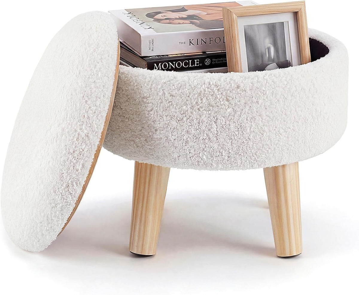 DUMOS Round Storage Ottoman Foot Rest, Compact Boucle Upholstered Footstool with Hidden Storage, Padded Seat, Small Coffee Table for Living Room, Bedroom, Beige