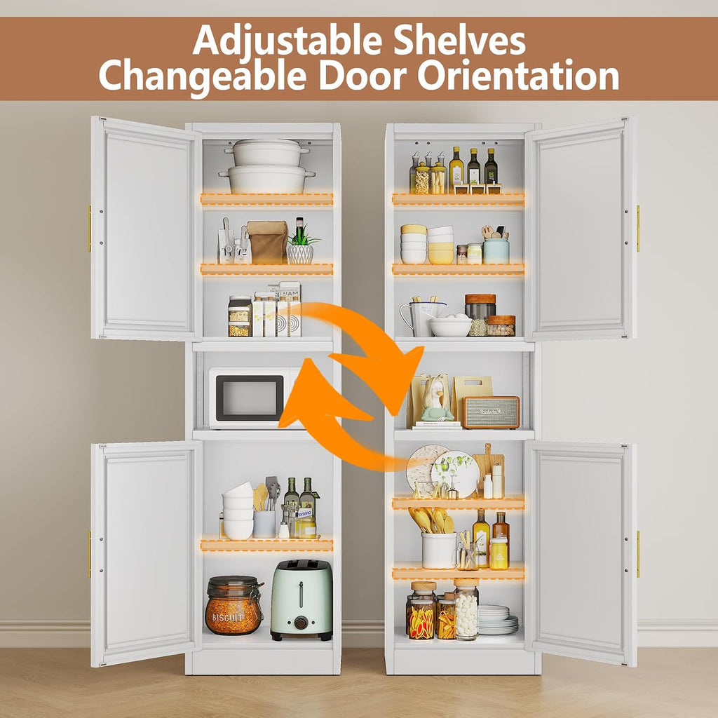 Tokawa 67” Tall Slim Storage Cabinet, 12 Inch Deep x 16 Inch Wide Metal Pantry with Open Middle Shelf, Narrow Kitchen Utility Cabinet with Gold Handles, White