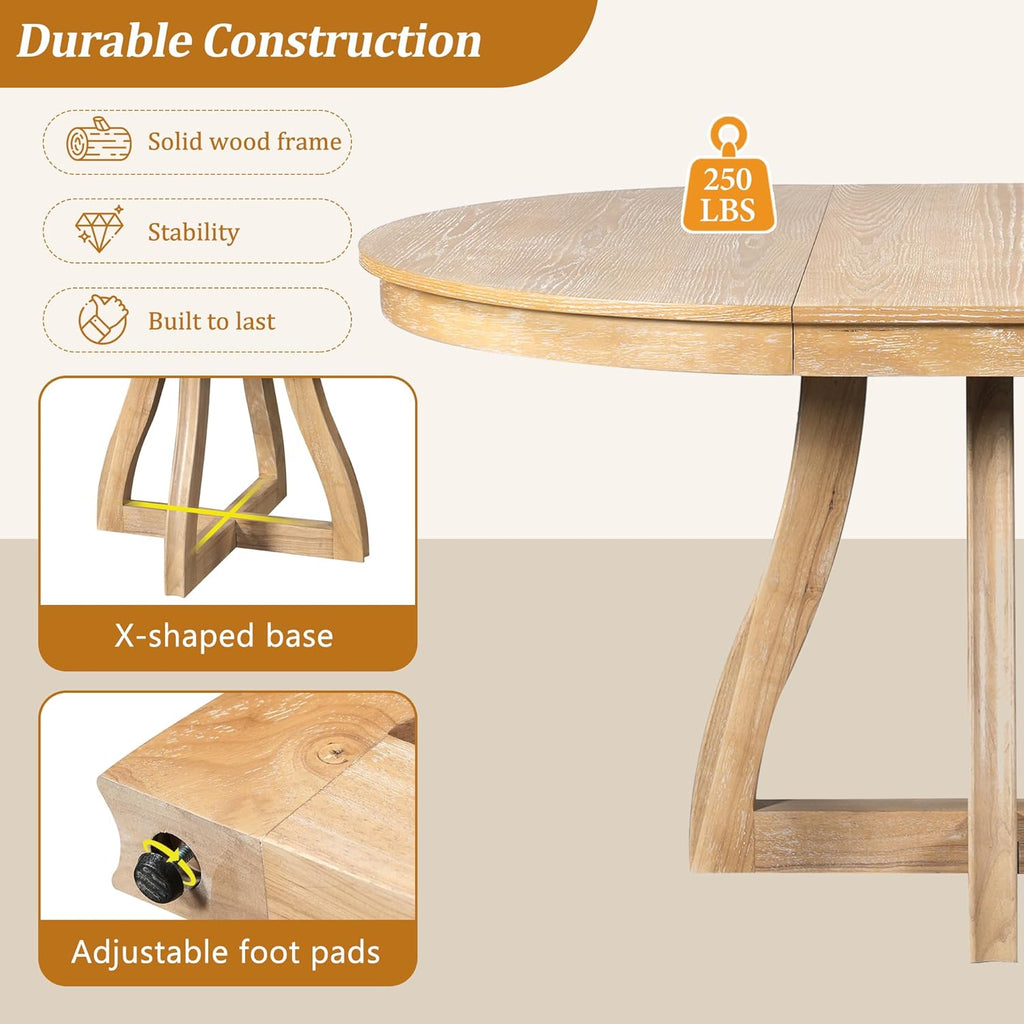 LUMISOL Extendable Round Dining Table for 4-6 People, Farmhouse Kitchen Table with 16” Middle Leaf and Curved Table Legs for Kitchen, Dining Room, Apartment, Natural Wood Wash