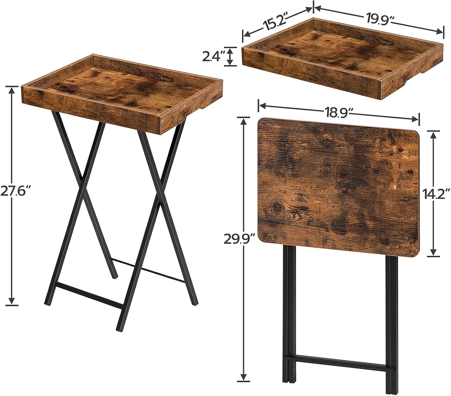HOOBRO TV Tray Table, Folding Table with Removable Serving Tray, Stable TV Tray Snack Table for Small Space, Portable End Table, for Snacks and Meals in Living Room, Rustic Brown BF29BZ01