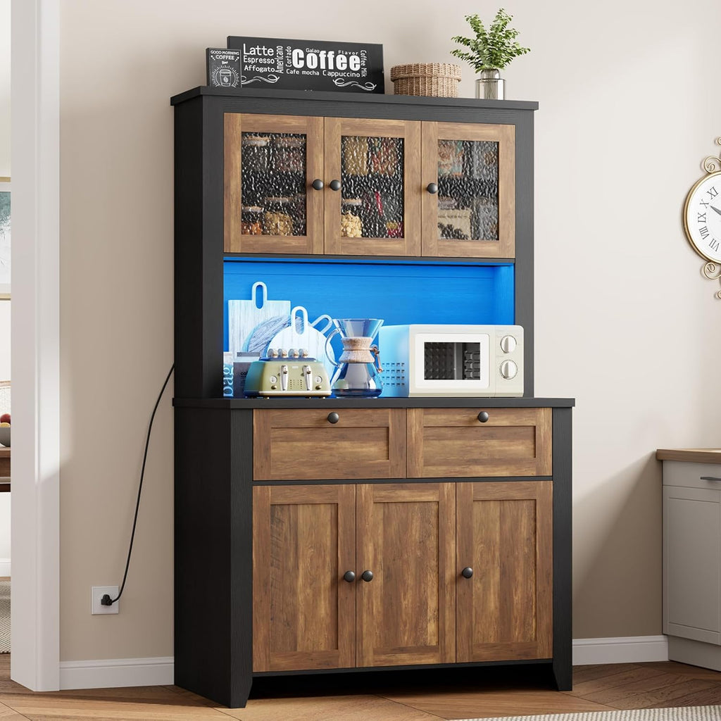 GarveeHome 66" Tall Pantry Cabinet with Power Outlet & LED Light, Kitchen Pantry Storage Cabinets with Countertop, Large Kitchen Hutch with Storage Drawers & Water Ripple Acrylic Panel Cabinet Door