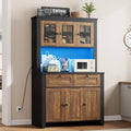 GarveeHome 66" Tall Pantry Cabinet with Power Outlet & LED Light, Kitchen Pantry Storage Cabinets with Countertop, Large Kitchen Hutch with Storage Drawers & Water Ripple Acrylic Panel Cabinet Door
