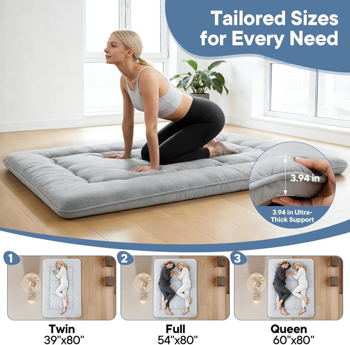 DUMOS Japanese Floor Mattress Twin Size, 4" Thick Futon Mattress, Gray | Tatami Mat Sleeping Pad, Removable Cover, Portable Roll Up Floor Lounger Bed, for Guest, Dormitory, Camping and Travel