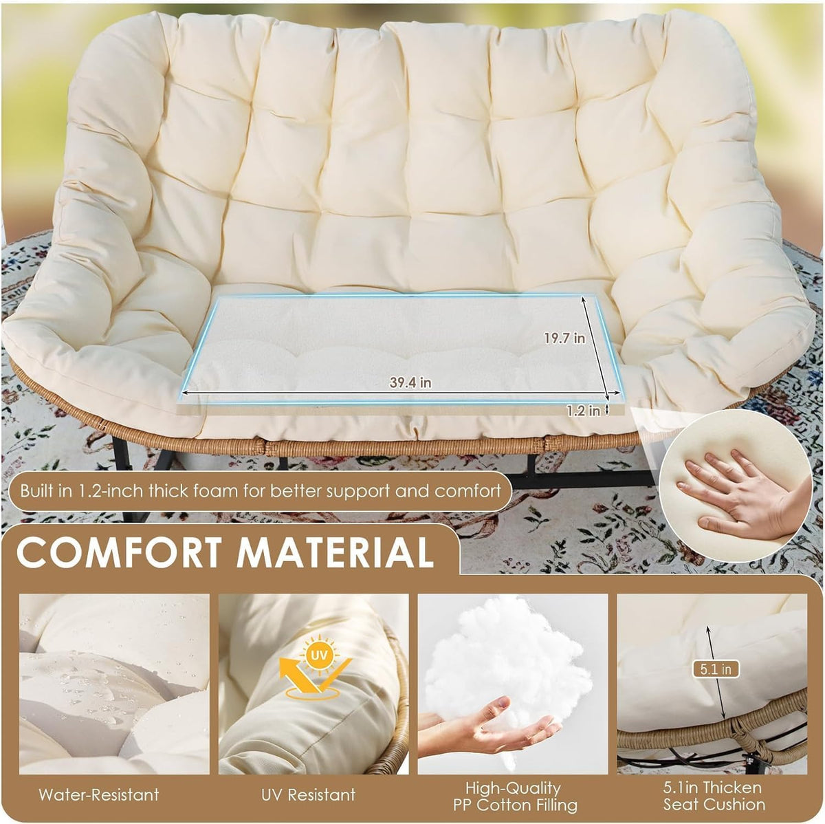 RADIATA Double Egg Rocking Chair for 2, Oversized Rattan Recliner Loveseat with Padded Cushion, Heavy Duty Comfy Large Papasan Rocker for Reading Outdoor Patio Balcony Backyard Indoor, Beige