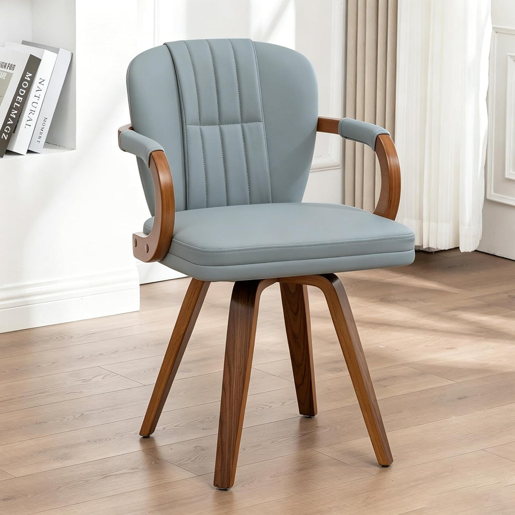 Swivel Dining Chairs with Arms | Mid Century Modern Blue Faux Leather Kitchen Chairs,Bentwood Side Chairs,Ergonomic Wood Accent Chair No Wheels 1PCS