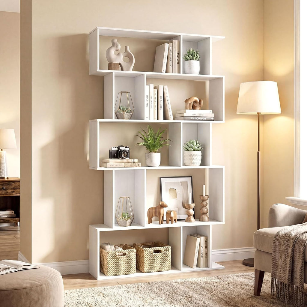 Giantex 5-Tier Bookshelf, 10-Cube White Geometric Bookcase with 5 Closed-Back Cubbies, Anti-toppling Kits, Open Display Storage Shelf for Living Room, Home Office, Bedroom