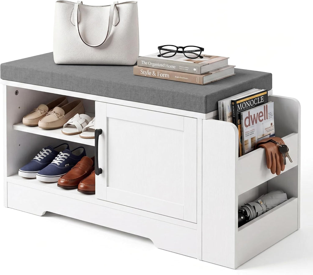 Farmhouse Shoe Storage Bench with 3-in-1 Entryway Storage & Padded Seat | 27.8" Wide Entryway Bench with Adjustable Shelves, Shoe Organizer & Side Storage Rack for Living Room, Bedroom, White