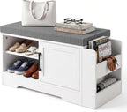 Farmhouse Shoe Storage Bench with 3-in-1 Entryway Storage & Padded Seat | 27.8" Wide Entryway Bench with Adjustable Shelves, Shoe Organizer & Side Storage Rack for Living Room, Bedroom, White