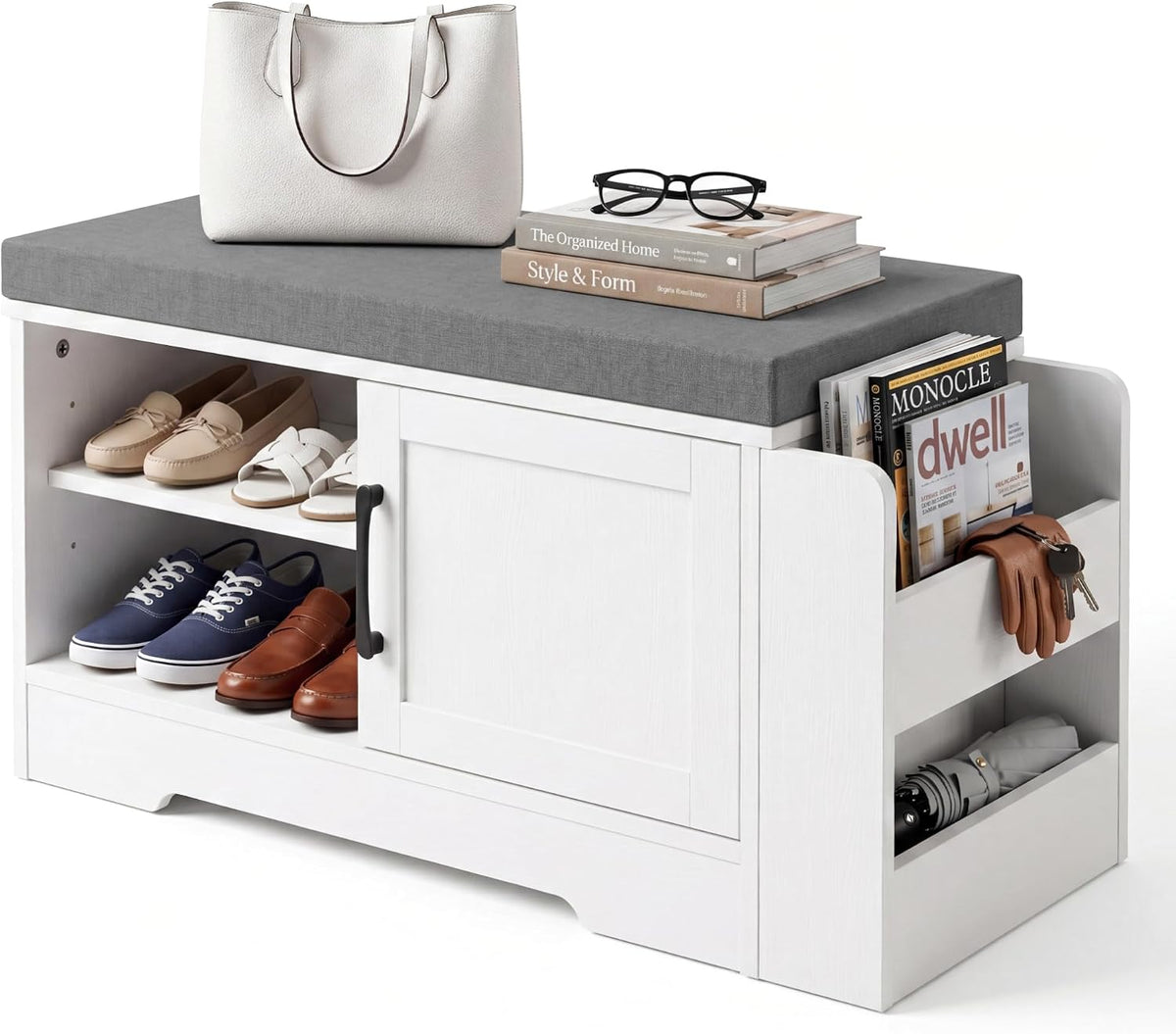 Farmhouse Shoe Storage Bench with 3-in-1 Entryway Storage & Padded Seat | 27.8" Wide Entryway Bench with Adjustable Shelves, Shoe Organizer & Side Storage Rack for Living Room, Bedroom, White