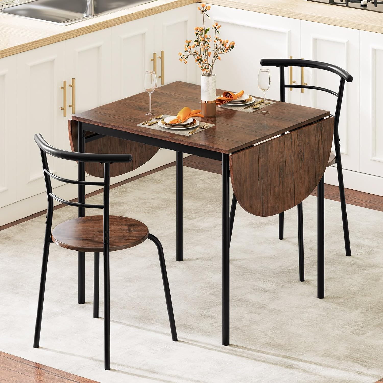 GOFLAME 3-Piece Drop Leaf Dining Table Set, Extendable Kitchen Breakfast Table with 2 Chairs, Space Saving Folding Dining Room Set for Home Kitchen, Apartment, Small Space, Rustic Brown