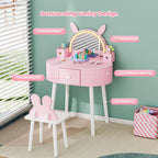 JOYMOR Kids Vanity with Lights, Girls Vanity Set w/Touch Screen 3 Colors Adjustment, Solid Wood Leg, 1 Drawer, 2 Storage Boxes, Kids Vanity Table and Chair Set (Pink)