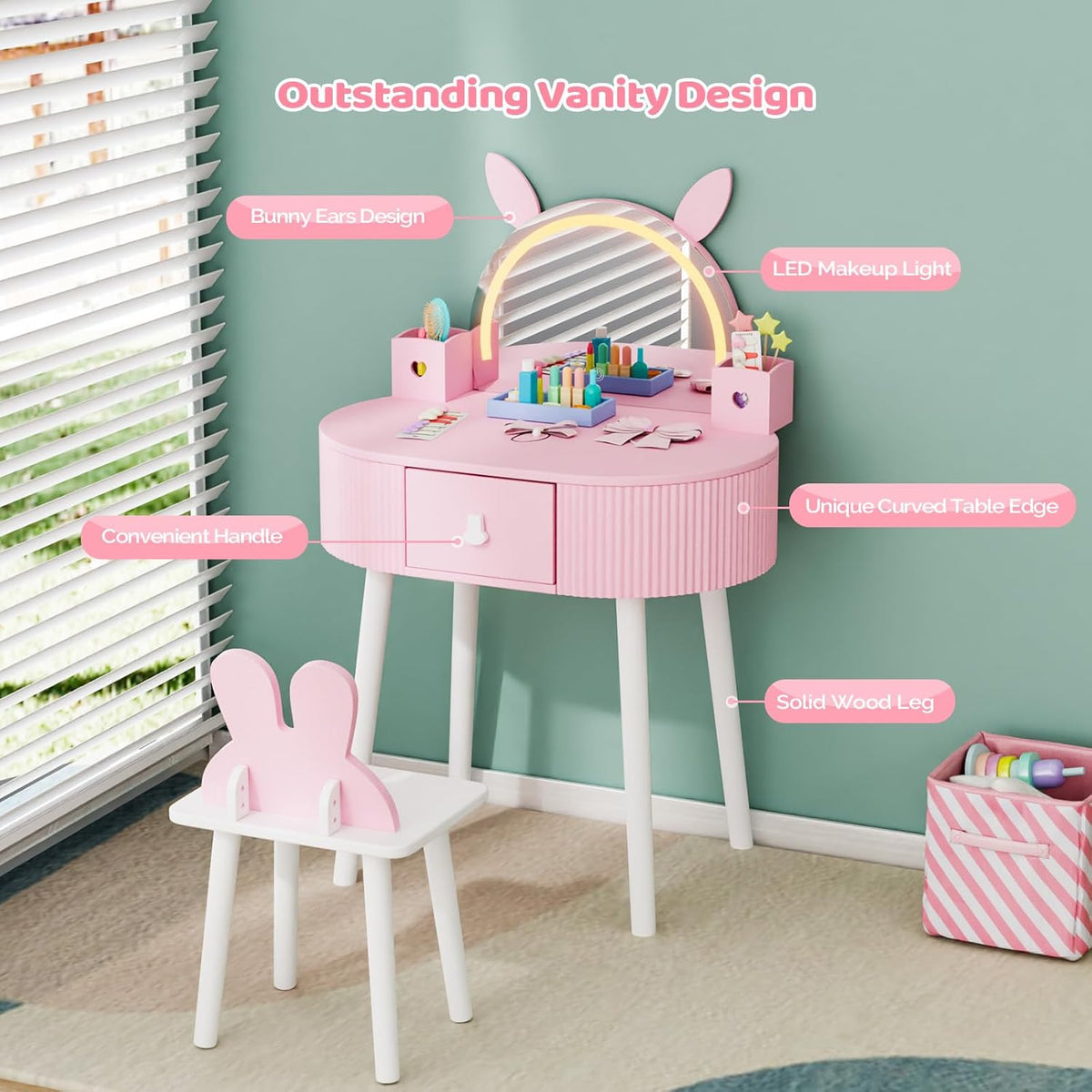 JOYMOR Kids Vanity with Lights, Girls Vanity Set w/Touch Screen 3 Colors Adjustment, Solid Wood Leg, 1 Drawer, 2 Storage Boxes, Kids Vanity Table and Chair Set (Pink)