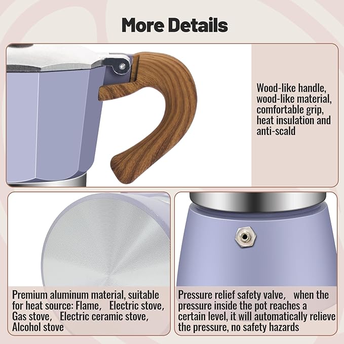3 Cup Aluminum Moka Pot Purple Classic Stovetop Espresso Coffee Maker 150ml 5oz Coffeemaker Percolator Mocha Pot Greca Coffee Maker Cafe Makers for Italian and Cuban Café Brewing Purple