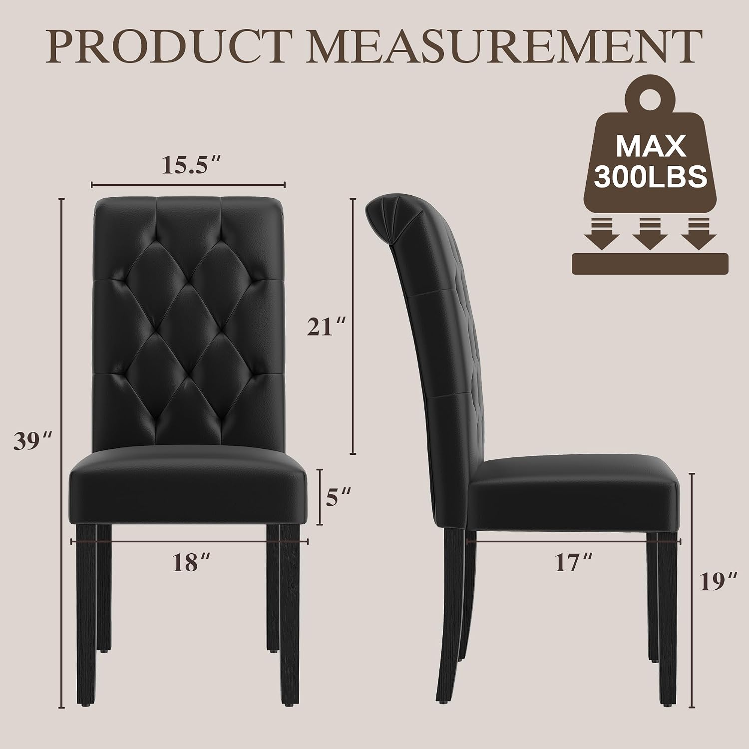 LSSBOUGHT Upholstered Dining Chairs Set of 6,Tufted Parsons Kitchen Chair with Solid Wood Legs, Modern PU Leather Side Chair for Dining Room/Restaurant(6pcs,Black)