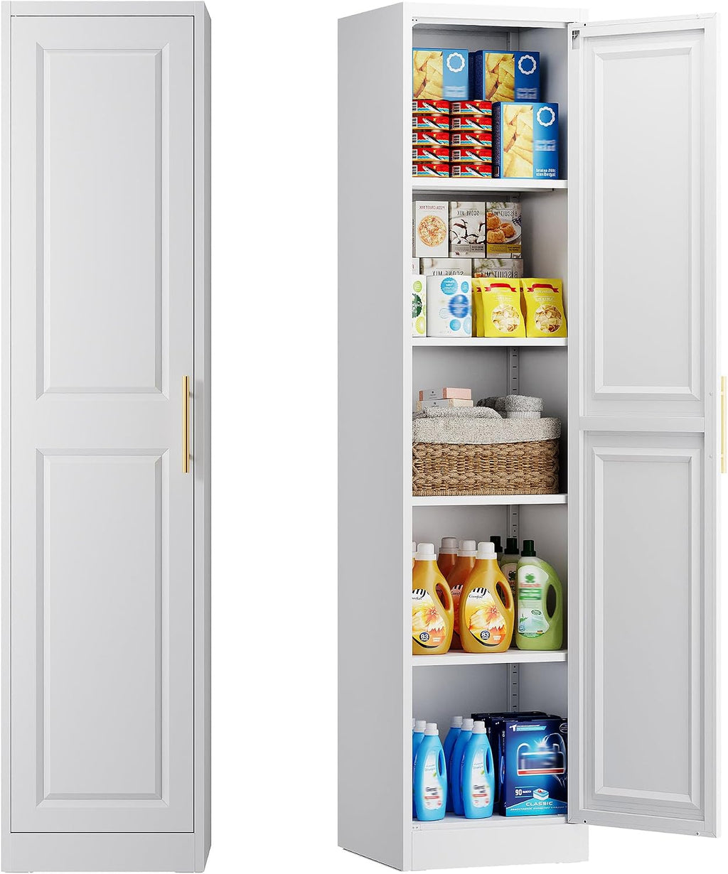 71''Tall Narrow Storage Cabinet Metal Bathroom Cabinet with Doors and 4 Adjustable Shelves, Slim Pantry Cabinets Cupboard for Small Space, Apartment, Bathroom, Kitchen, Laundry (White)