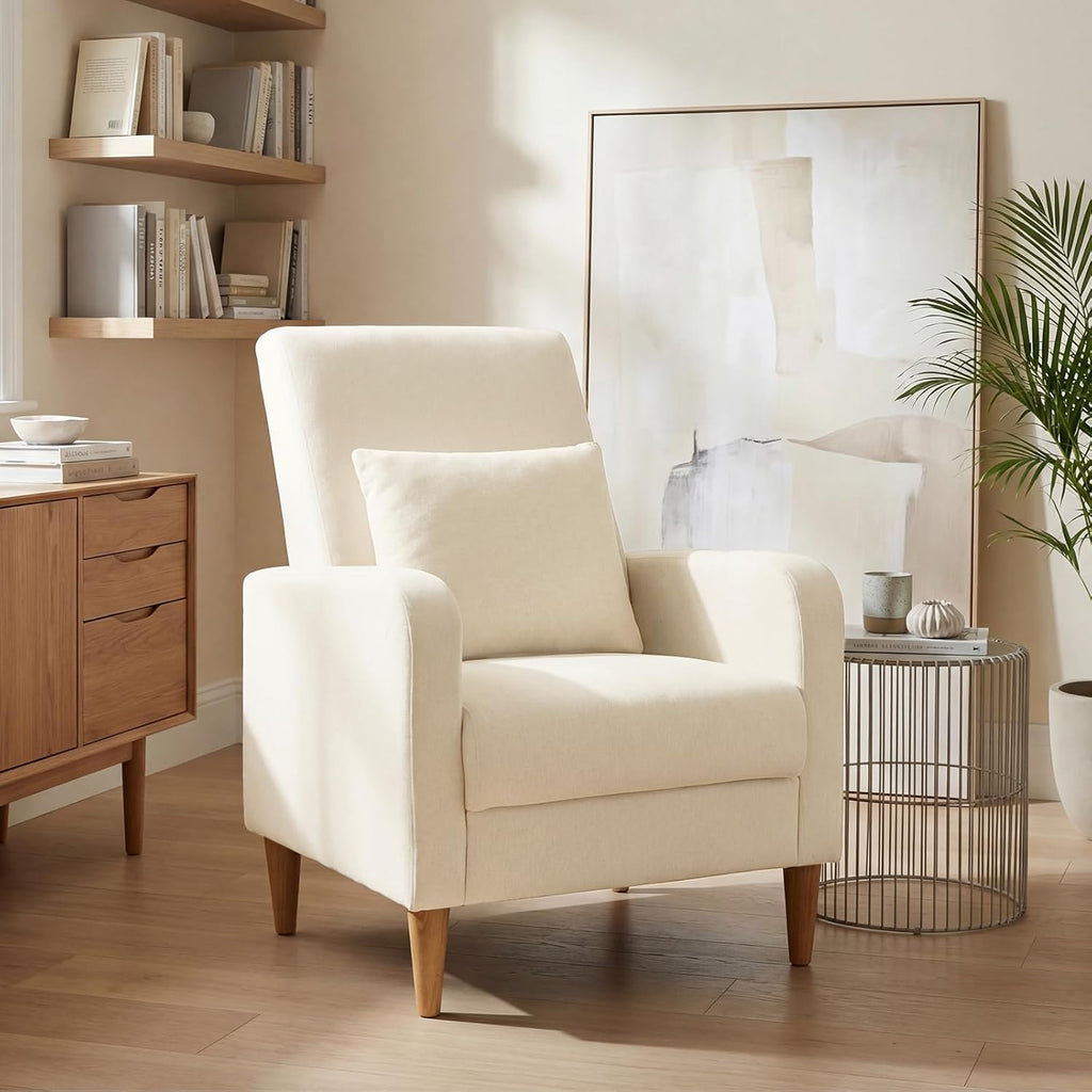 COLAMY Mid-Century Modern Accent Chair, Fabric Upholstered Living Room Chair with Back Pillow & Solid Wood Legs, Comfy Armchair for Living Room, Bedroom, Single Sofa, Beige