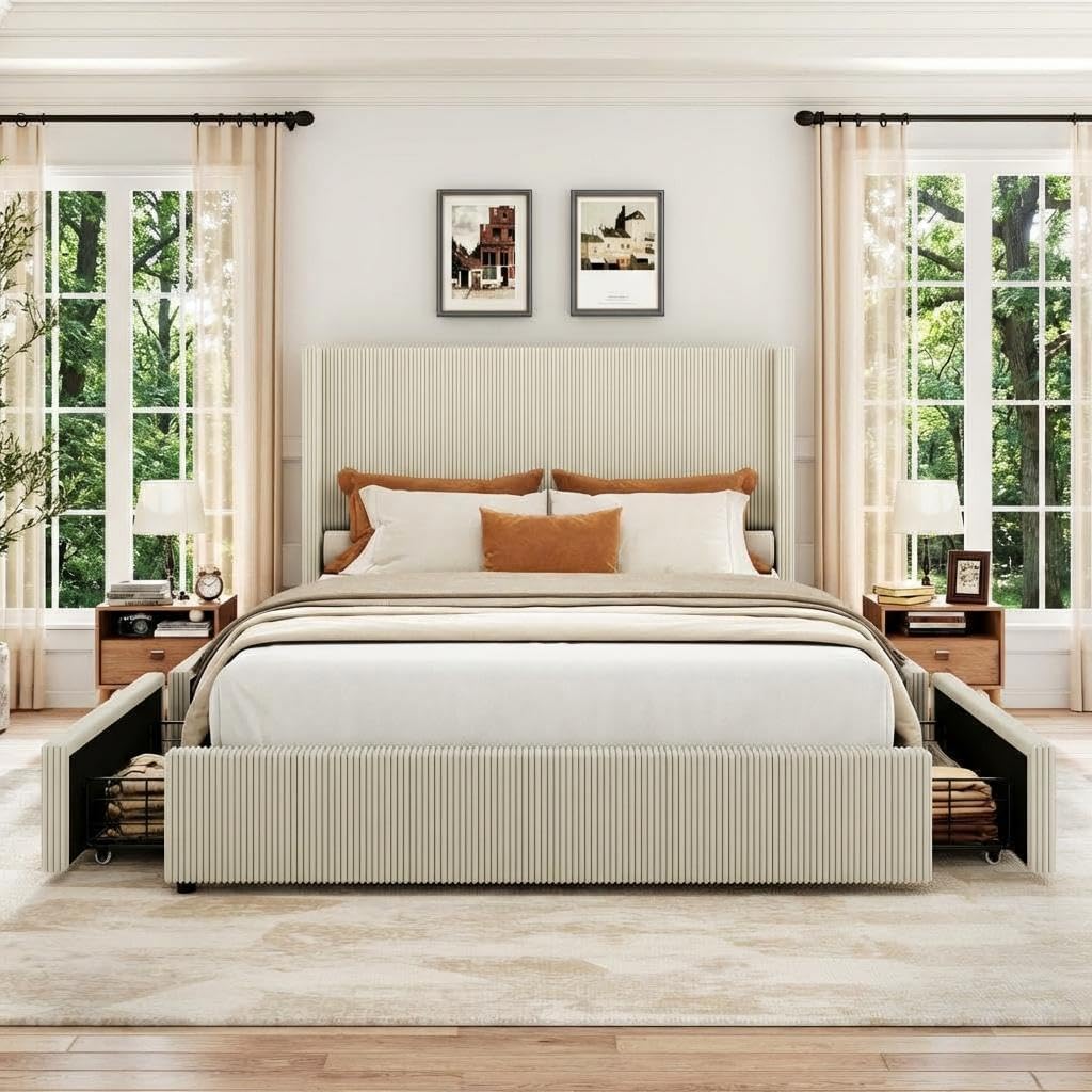 King Bed Frame with 4 Storage Drawers, Corduroy Upholstered Platform Bed