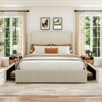 King Bed Frame with 4 Storage Drawers, Corduroy Upholstered Platform Bed