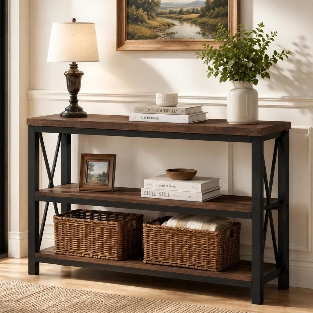 BON AUGURE 47” Narrow Console Table, 3 Tier Sofa Table Behind Couch, Rustic | Entryway Table with 3 Open Shelves, Industrial Steel Frame Entry Tables for Hallway, Foyer, Living Room, or Behind the Couch