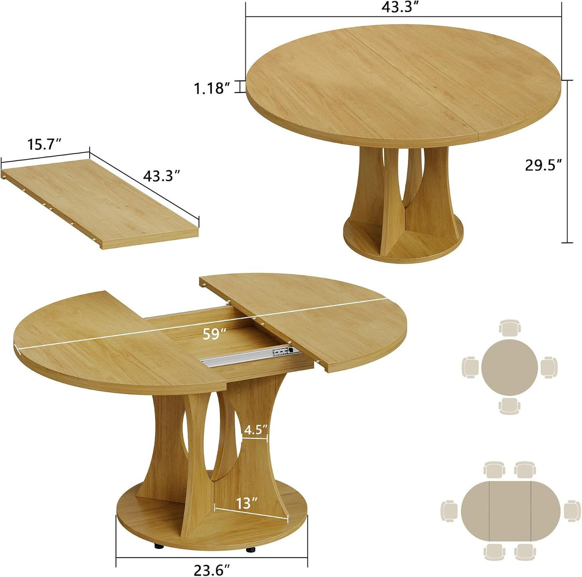 Einhomn 43-59" Extendable Round Dining Table, Kitchen Table for 4-8, Farmhouse Circle Dining Room Table with Removable Leaves,Hidden Storage, Space Saving Wood Kitchen & Dining Room Furniture, Oak