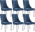 Shenyon Blue Dining Chairs Set of 6，Chenille Fabric Upholstered Dining Chairs with Silver Stainless Steel Legs, Modern Kitchen Chairs for Dining Room, Kitchen (Blue)