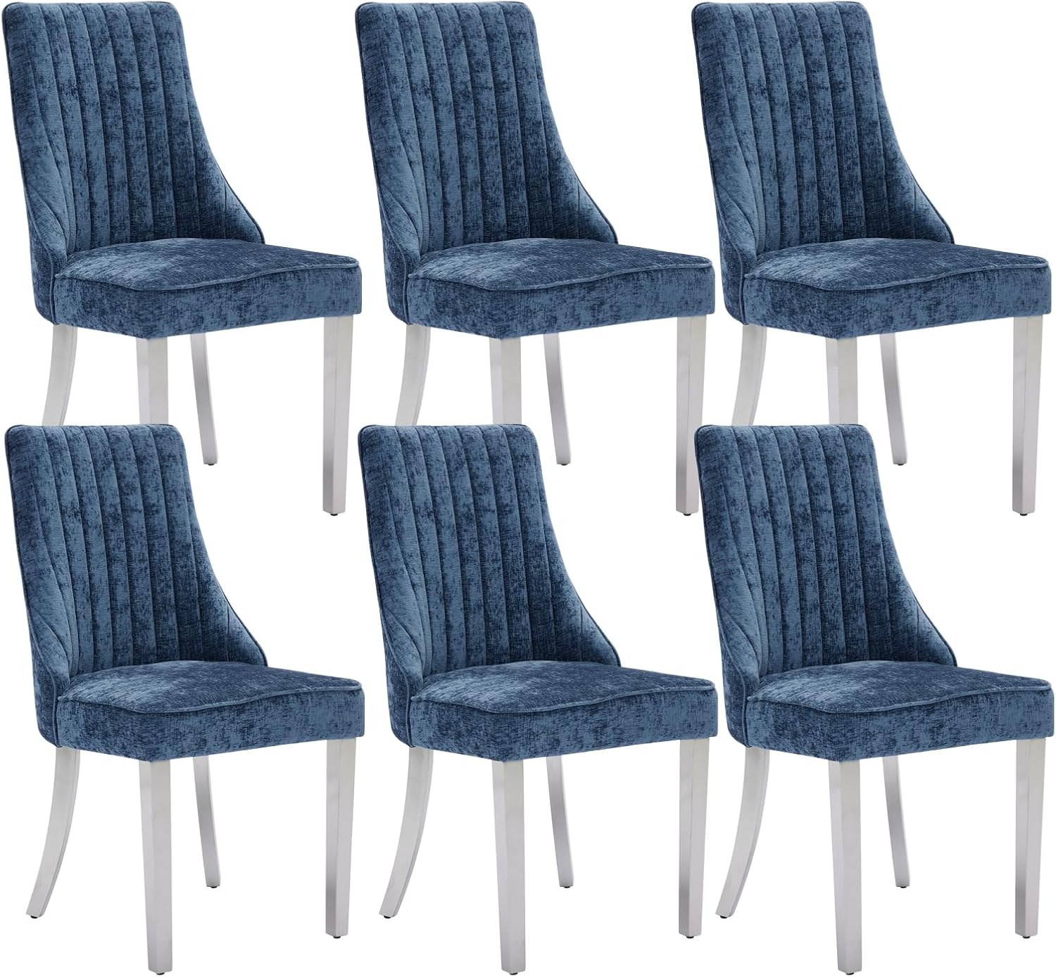 Shenyon Blue Dining Chairs Set of 6，Chenille Fabric Upholstered Dining Chairs with Silver Stainless Steel Legs, Modern Kitchen Chairs for Dining Room, Kitchen (Blue)