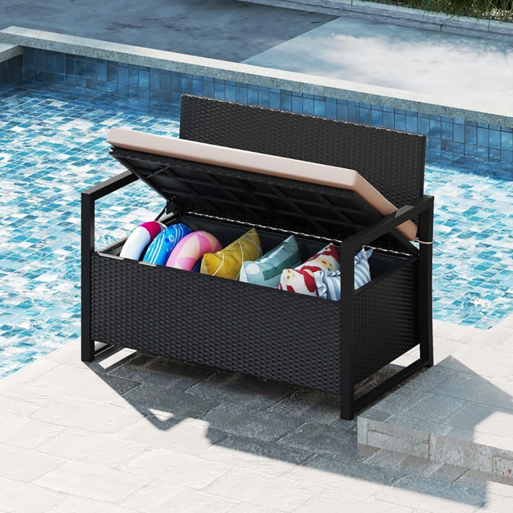 PE Rattan Outdoor Storage Loveseat Brown UV-Resistant Woven Rattan Pattern, 40-Gallon Under-Seat Storage, 800lbs Capacity for Patio