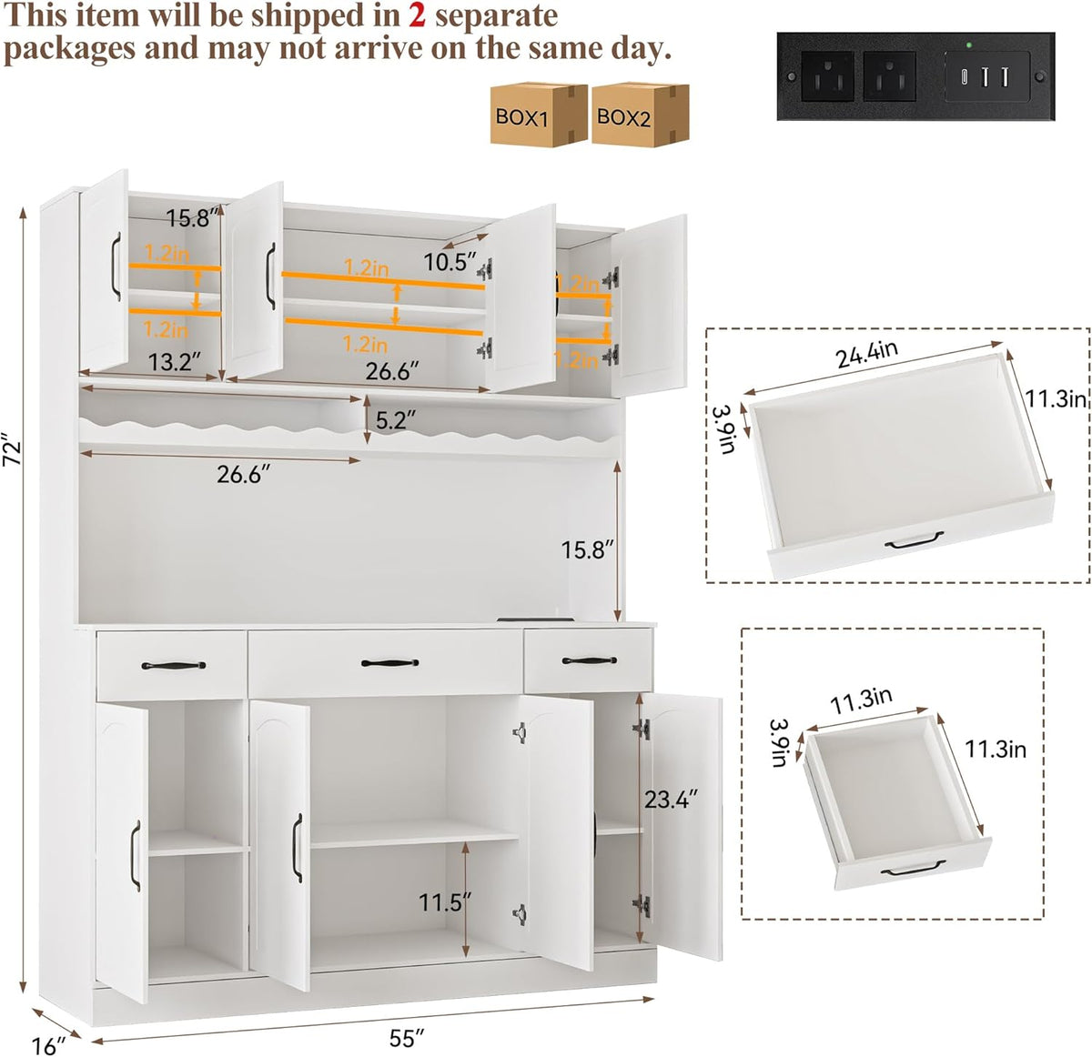 White 72" Tall Kitchen Pantry Cabinet with Charging Station 55" Wide Kitchen Hutch Cabinet with LED Light and Countertop Large Kitchen Cabinet with Adjustable Shelves and Wine Rack