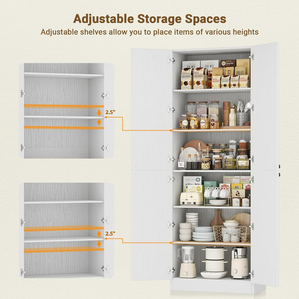 Cyclysio 80" Kitchen Pantry with 4 Soft Close Doors, Seamless Fit Wall | Extra Tall Arch Storage Cabinet with Adjustable Shelves, Freestanding Wood Cupboard for Dining Living Room Bathroom Furniture