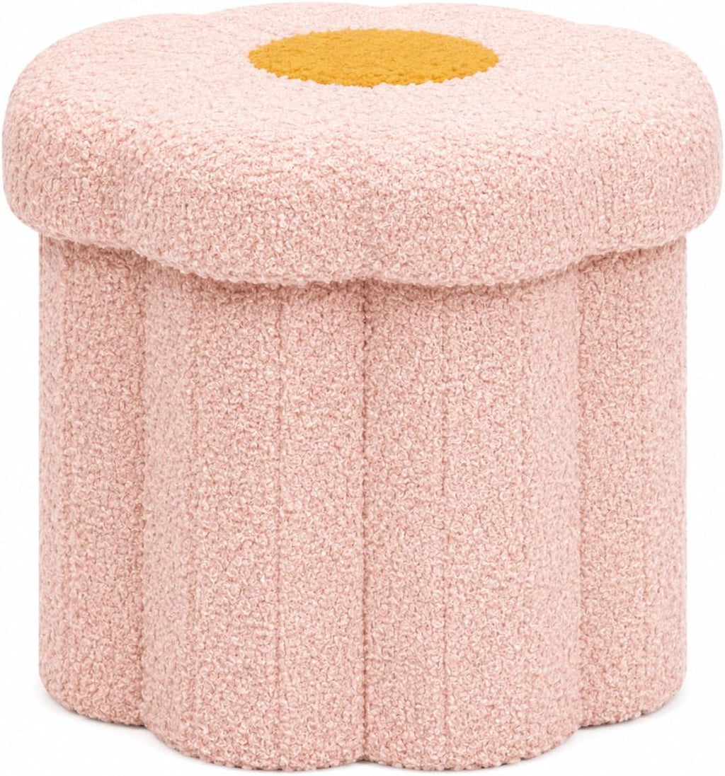 Flower Boucle Storage Ottoman, 12.6" Small Footstool with Padded Seat, Folding Sherpa Foot Rest for Sofa, Floral Accent Side Table for Living Room, Bedroom, Dorm, Pink