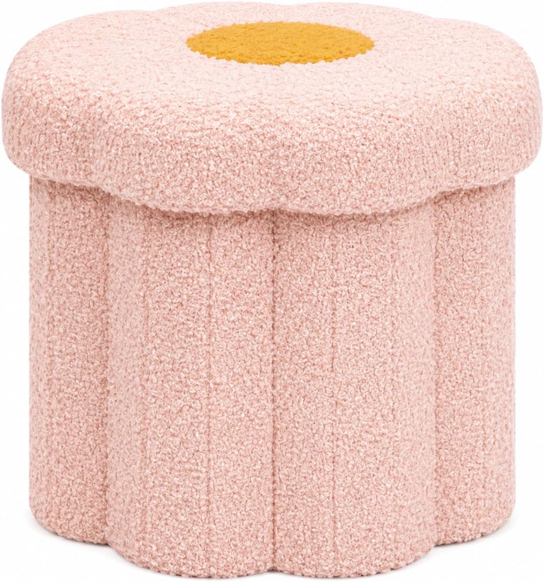 Flower Boucle Storage Ottoman, 12.6" Small Footstool with Padded Seat, Folding Sherpa Foot Rest for Sofa, Floral Accent Side Table for Living Room, Bedroom, Dorm, Pink