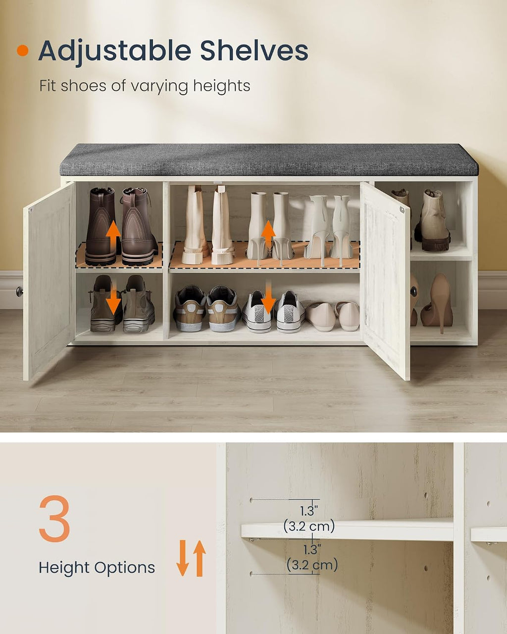 SONGMICS HOME Shoe Storage Bench, Snapsemble Superfast Assembly, Shoe Rack Cabinet with Door & Adjustable Shelf for Entryway/Living Room, 14 x 40.2 x 17.3 Inches, Rustic White and Slate Gray