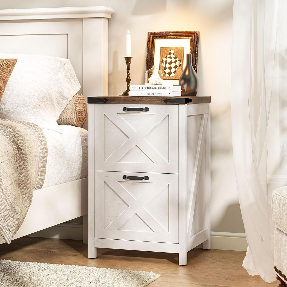 Halitaa Farmhouse File Cabinet with 2 Drawers for Home Office, Rustic White | Vertical Filing Cabinet Fits Letter and A4 Size, Farmhouse Printer Stand, Under Desk Wooden File Cabinet